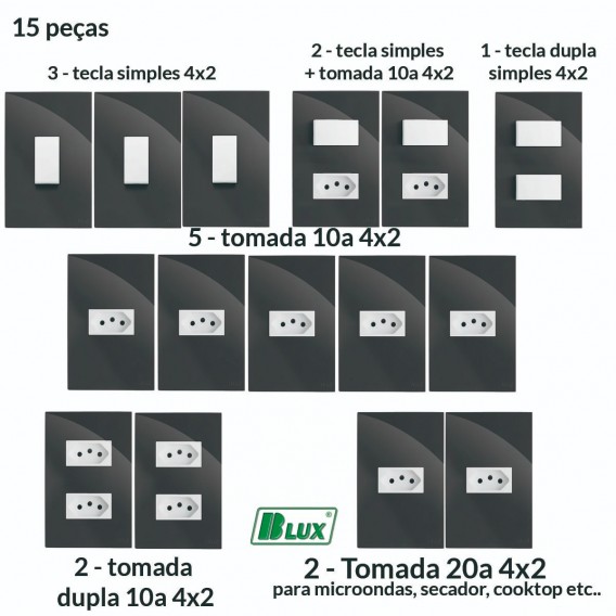 Tomadas Interruptores ( 15 Pçs ) Recta Grafite com Branco